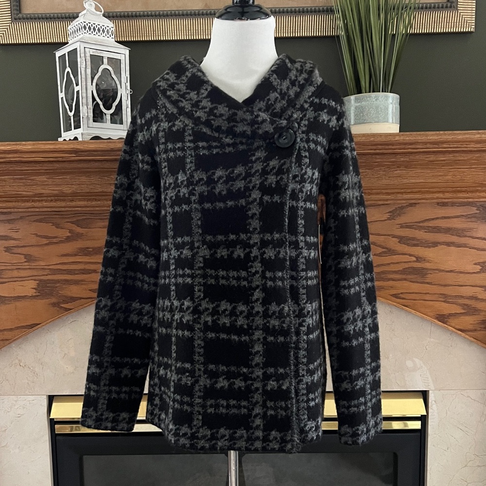 Ellen Tracy‎ Black Gray Checkered Wool Blend Cardigan Sweater Sz. S NWT